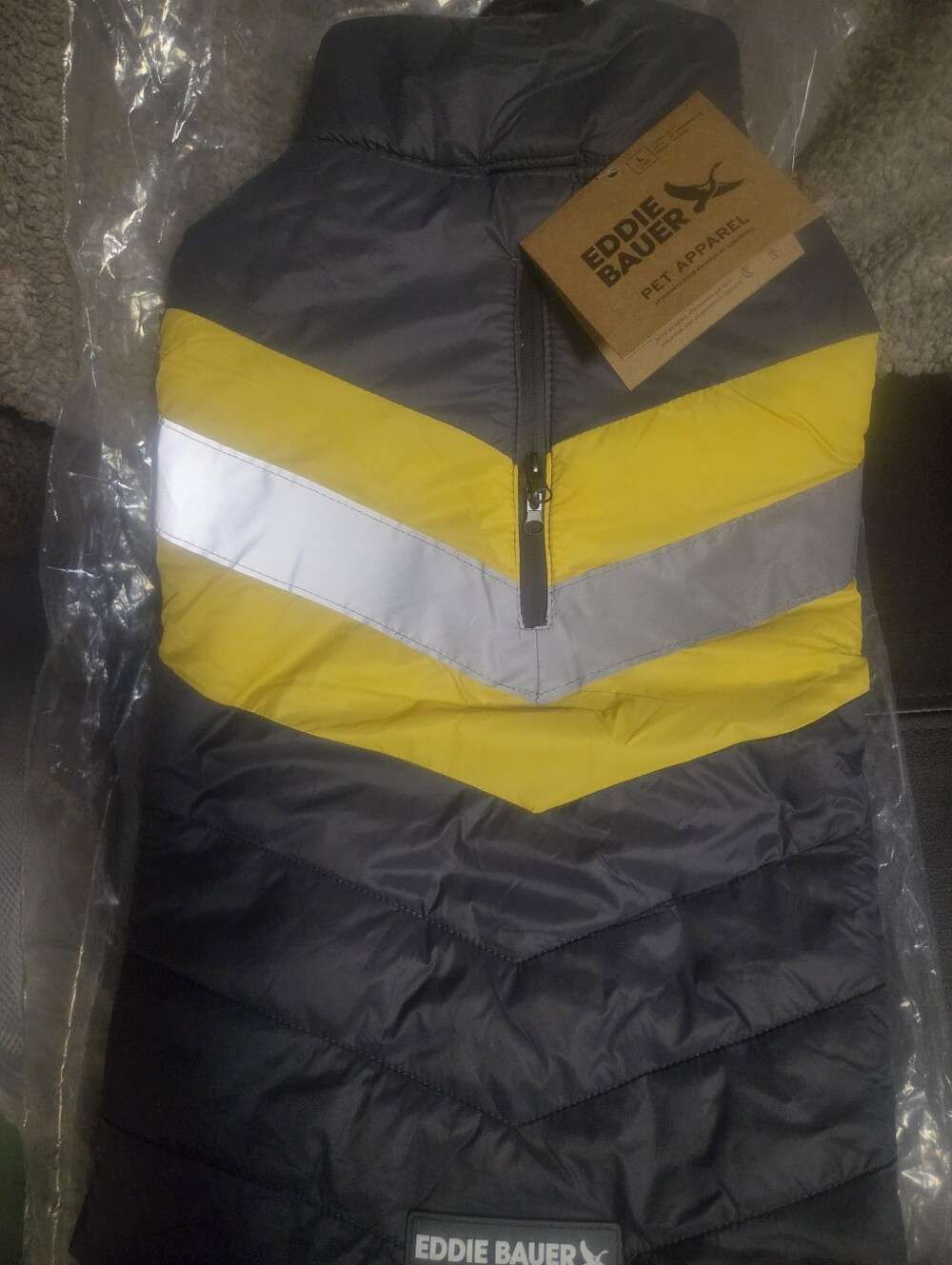 Eddie Bauer Chevron-Panel Puffer Jacket in Gray and Yellow Pet Apparel